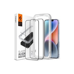 Spigen ALM Glass FC h�rdet glas til iPhone 13 / 13 Pro / 14 / 16e / 17e - black 2 stk..