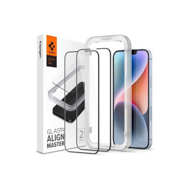 Spigen ALM Glass FC h�rdet glas til iPhone 13 / 13 Pro / 14 / 16e / 17e - black 2 stk..