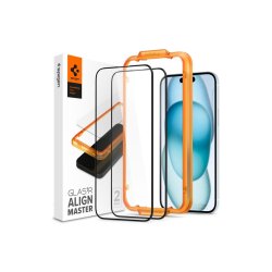 Spigen ALM Glass FC h�rdet glas til iPhone 15 - black 2 stk..