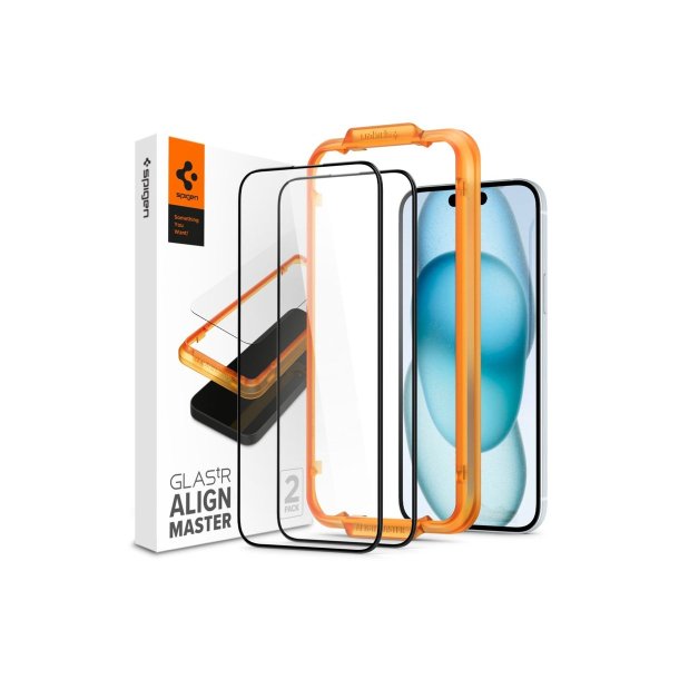 Spigen ALM Glass FC h�rdet glas til iPhone 15 - black 2 stk..