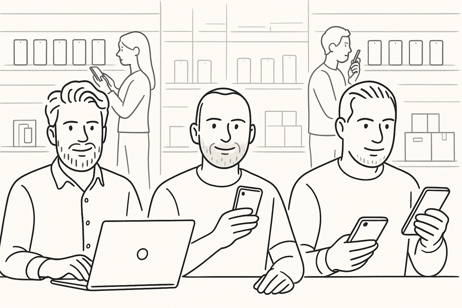 Illustration af team og mobilprodukter